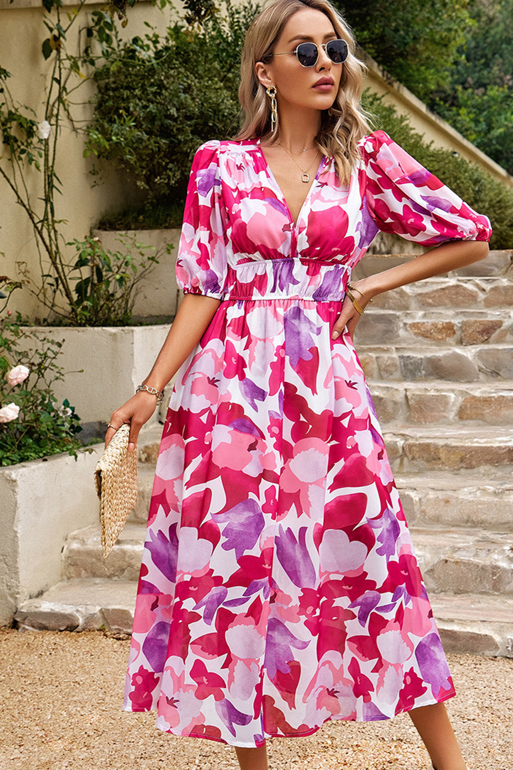 Robe d’été imprimée col V noir à col imprimé