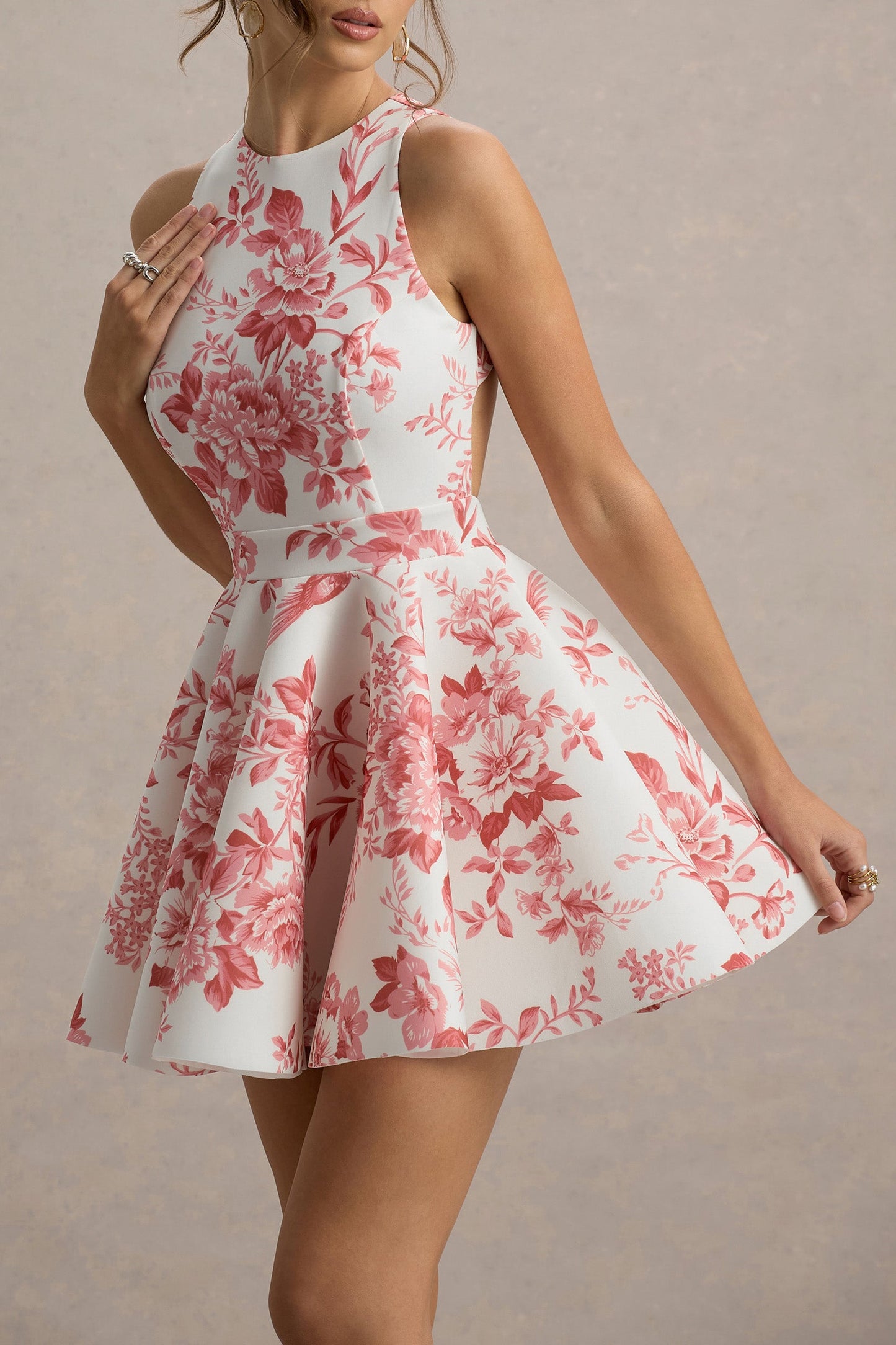 Waverly | Mini-robe rose porcelaine à encolure arrondie sans manches