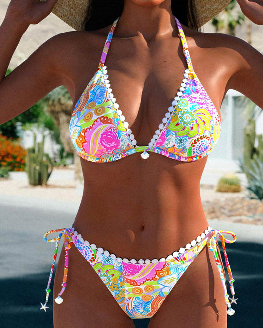 Vivette™ | Bikini dos nu en dentelle patchwork imprimé coloré